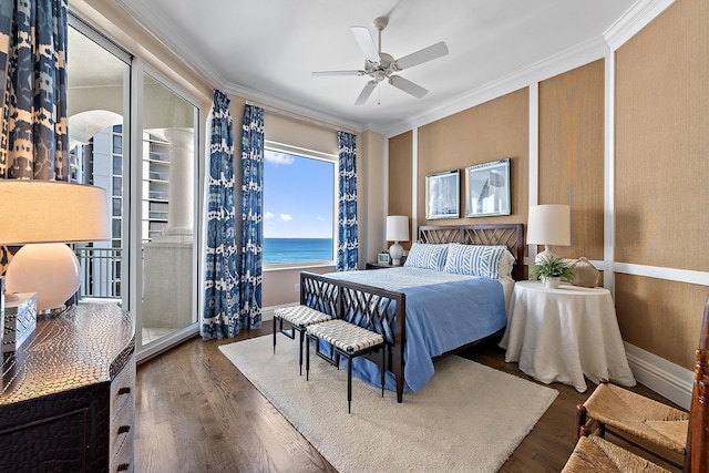 5310 N Ocean Dr Unit Ph-1201, Singer Island, FL 33404 - bedroom with crown molding, baseboards, a water view, wood finished floors, and a ceiling fan