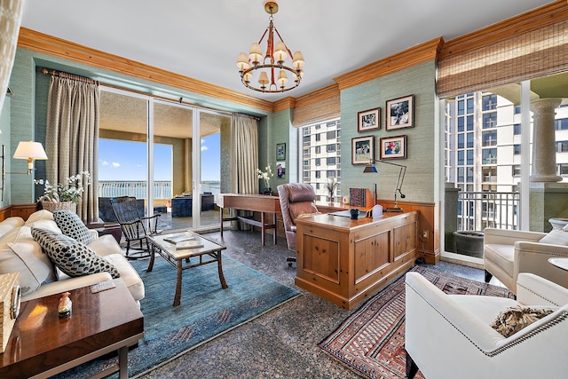 5310 N Ocean Dr Unit Ph-1201, Singer Island, FL 33404 - home office with wallpapered walls, a notable chandelier, a wainscoted wall, and decorative columns