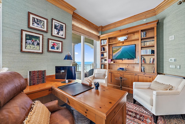 5310 N Ocean Dr Unit Ph-1201, Singer Island, FL 33404 - living area with built in features, wallpapered walls, and crown molding