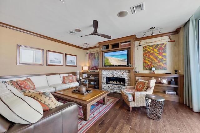 5310 N Ocean Dr Unit Ph-1201, Singer Island, FL 33404 - living area with ceiling fan, visible vents, wood-type flooring, and ornamental molding