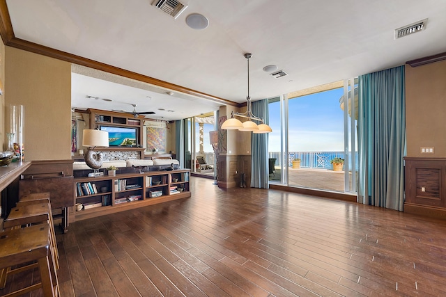 5310 N Ocean Dr Unit Ph-1201, Singer Island, FL 33404 - living area with hardwood / wood-style floors, floor to ceiling windows, visible vents, and ornamental molding