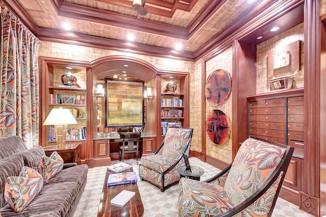 5310 N Ocean Dr Unit Ph-1201, Singer Island, FL 33404 - living area featuring crown molding, built in shelves, built in desk, and a raised ceiling