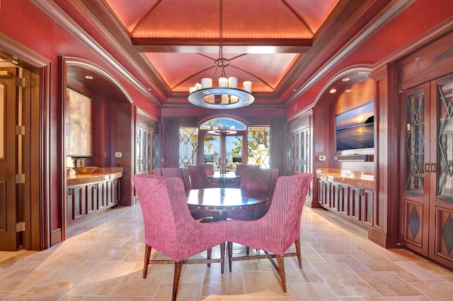 5310 N Ocean Dr Unit Ph-1201, Singer Island, FL 33404 - dining area with stone tile flooring, french doors, crown molding, a chandelier, and vaulted ceiling