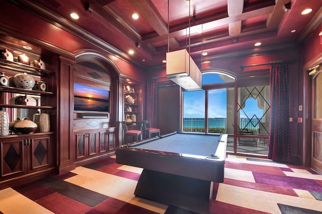 5310 N Ocean Dr Unit Ph-1201, Singer Island, FL 33404 - rec room featuring beamed ceiling, ornamental molding, coffered ceiling, pool table, and a towering ceiling