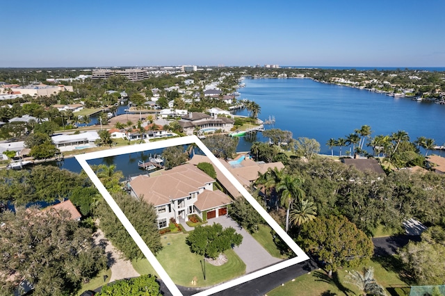 aerial view featuring a water view