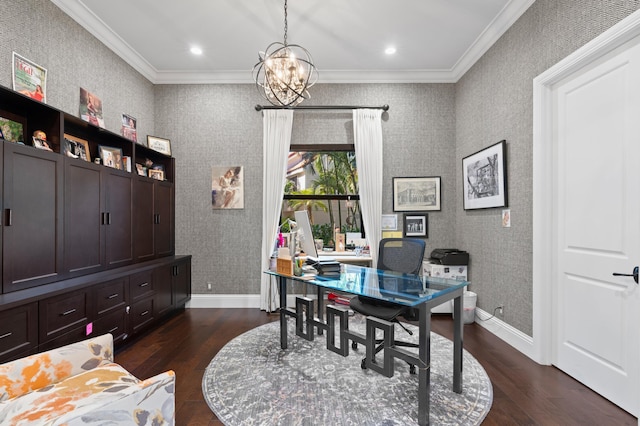 office space with a chandelier, dark hardwood / wood-style floors, and ornamental molding