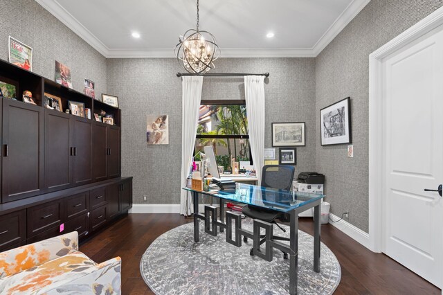 corridor with crown molding and dark wood-type flooring