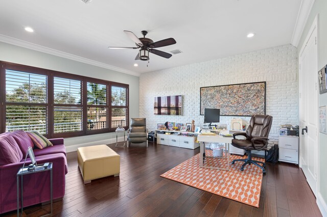 bedroom with beam ceiling, access to exterior, ceiling fan, dark hardwood / wood-style floors, and ornamental molding