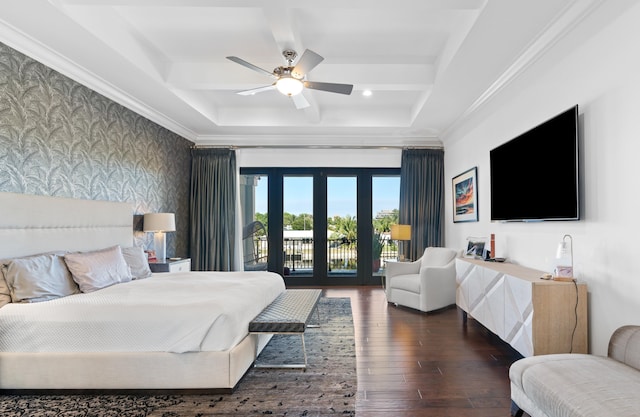 bedroom with french doors, ornamental molding, access to outside, ceiling fan, and dark wood-type flooring