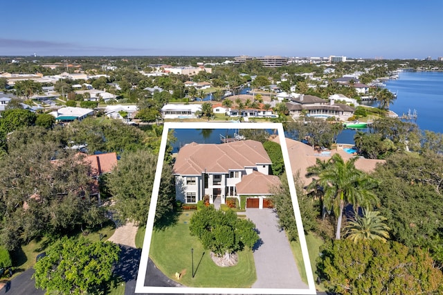 drone / aerial view featuring a water view