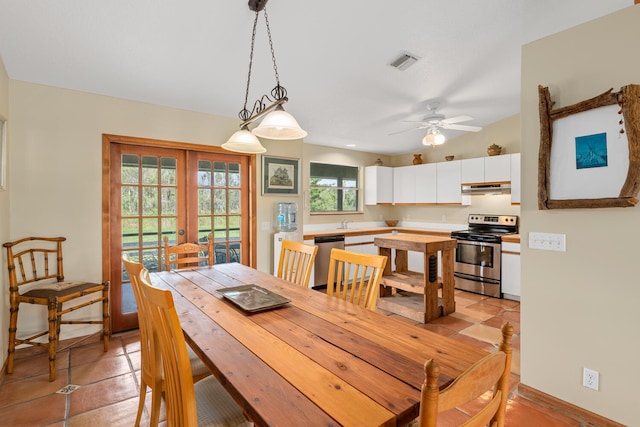 dining room featuring french doors, a wealth of natural light, and ceiling fan