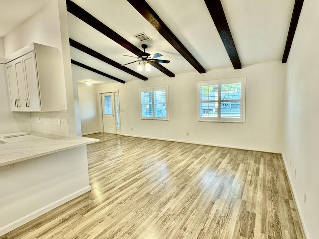 unfurnished living room featuring vaulted ceiling with beams, ceiling fan, and light hardwood / wood-style flooring