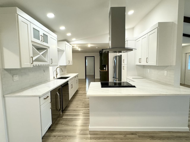 kitchen featuring white cabinets, island range hood, sink, and stainless steel appliances