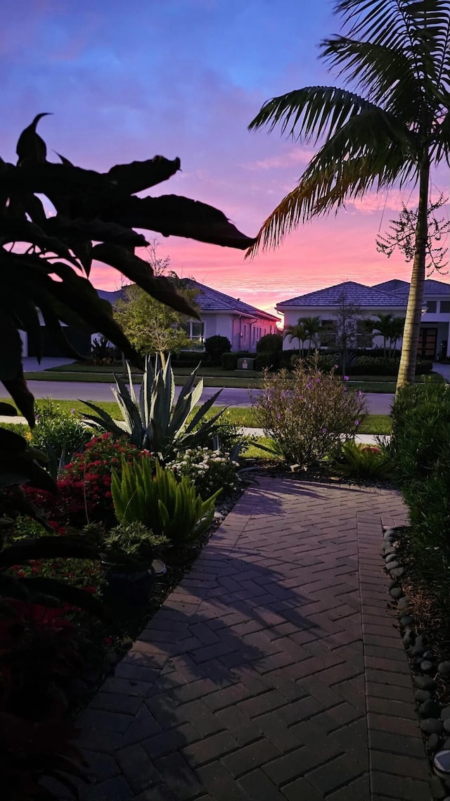 patio terrace at dusk featuring a mountain view