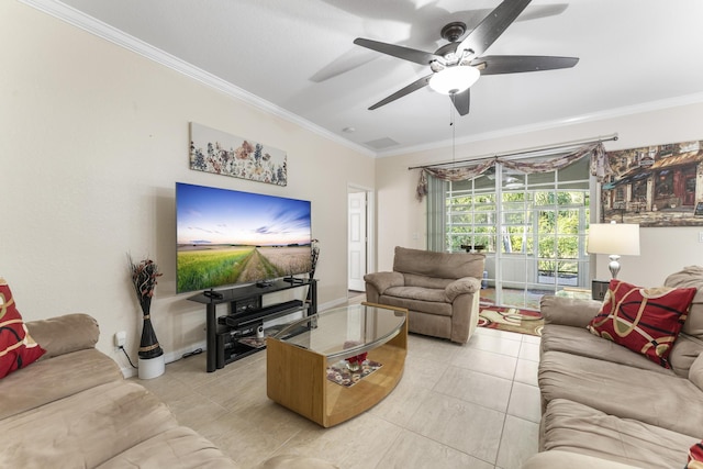 living room with light tile patterned floors, ceiling fan, and ornamental molding