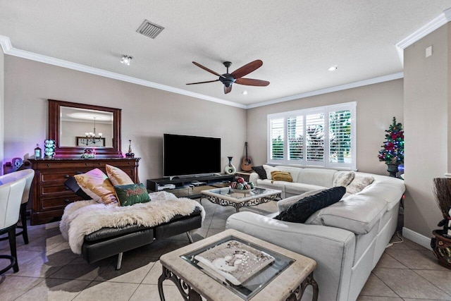 tiled living room featuring ceiling fan with notable chandelier, ornamental molding, and a textured ceiling