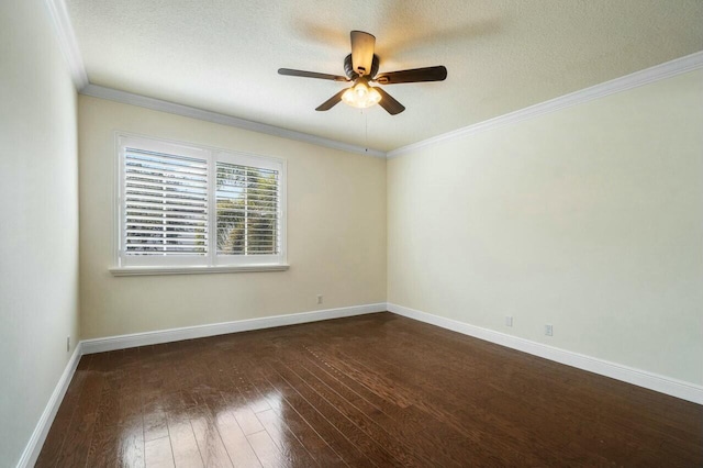 spare room with crown molding, dark hardwood / wood-style floors, a textured ceiling, and ceiling fan