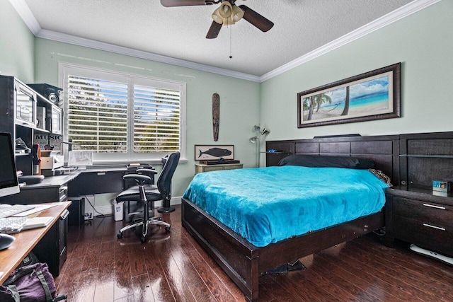 bedroom featuring dark hardwood / wood-style flooring, ornamental molding, a textured ceiling, and ceiling fan