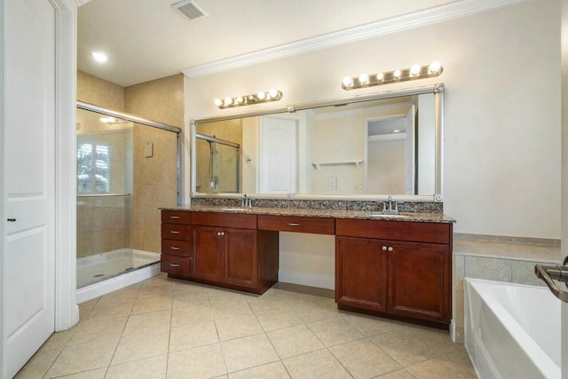 bathroom with ornamental molding, vanity, plus walk in shower, and tile patterned floors