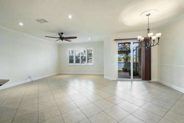 unfurnished room featuring crown molding, ceiling fan with notable chandelier, and light tile patterned floors