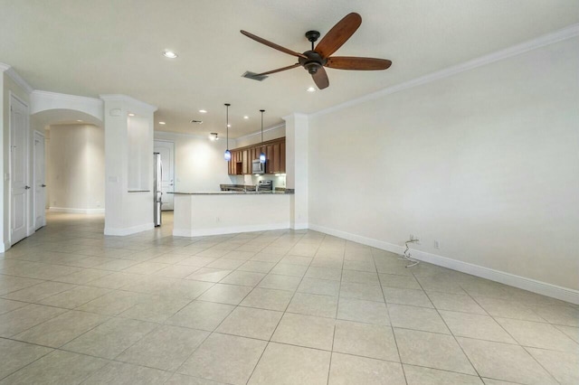 unfurnished living room with light tile patterned floors, ornamental molding, and ceiling fan