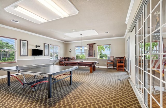 rec room featuring ornamental molding, carpet flooring, and billiards