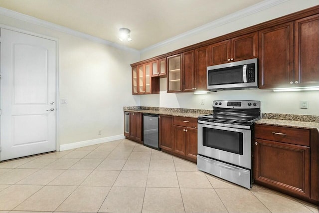 kitchen featuring wine cooler, ornamental molding, light tile patterned floors, light stone counters, and stainless steel appliances