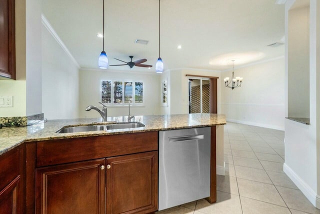 kitchen featuring sink, crown molding, dishwasher, hanging light fixtures, and ceiling fan with notable chandelier