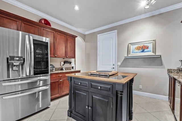 kitchen with stainless steel fridge with ice dispenser, crown molding, a kitchen island, and light tile patterned flooring