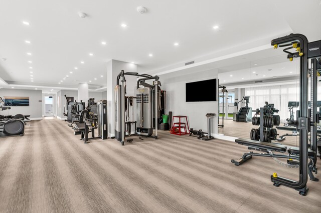 exercise room featuring light hardwood / wood-style floors