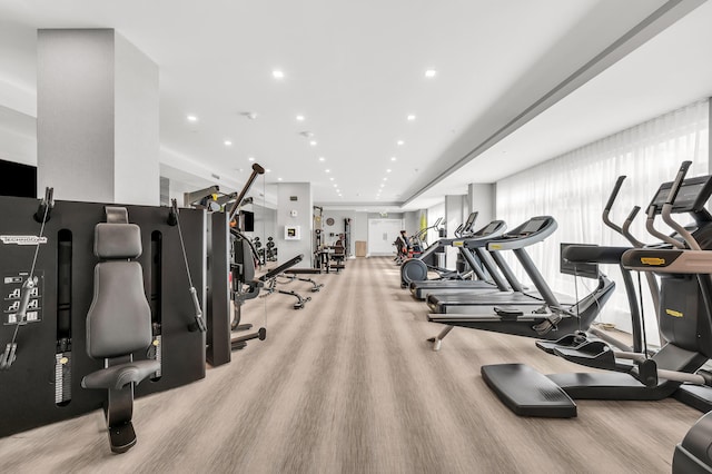 gym featuring light hardwood / wood-style flooring