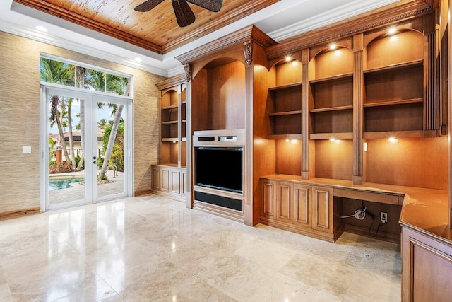 kitchen featuring built in shelves, ceiling fan, stainless steel oven, french doors, and wooden ceiling