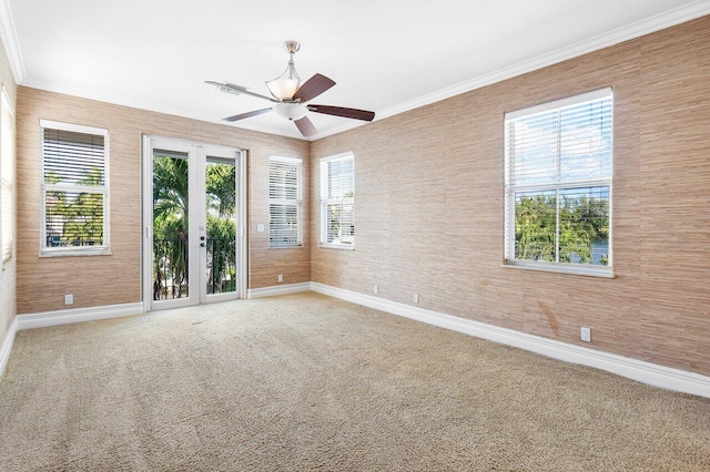 empty room with carpet flooring, plenty of natural light, and ornamental molding