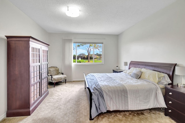 carpeted bedroom with a textured ceiling