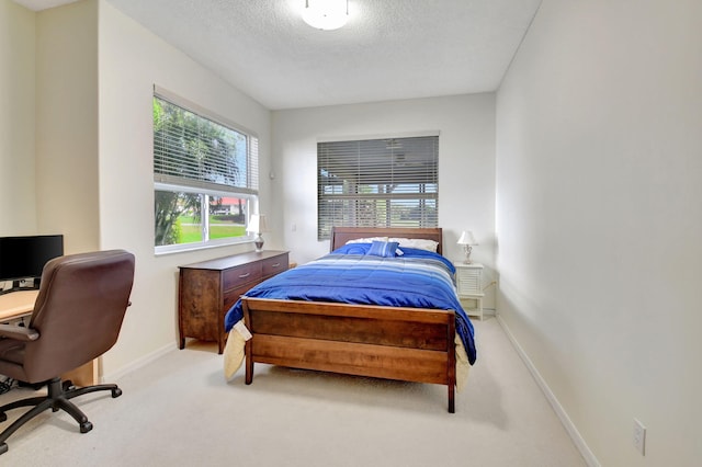 carpeted bedroom with a textured ceiling