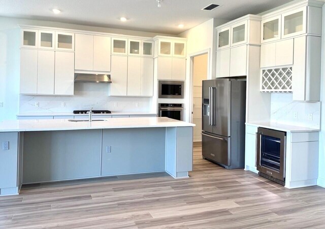 kitchen with ceiling fan with notable chandelier, an island with sink, a raised ceiling, and sink