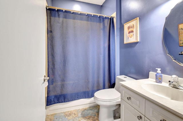 full bathroom featuring shower / bath combination with curtain, vanity, toilet, and tile patterned floors