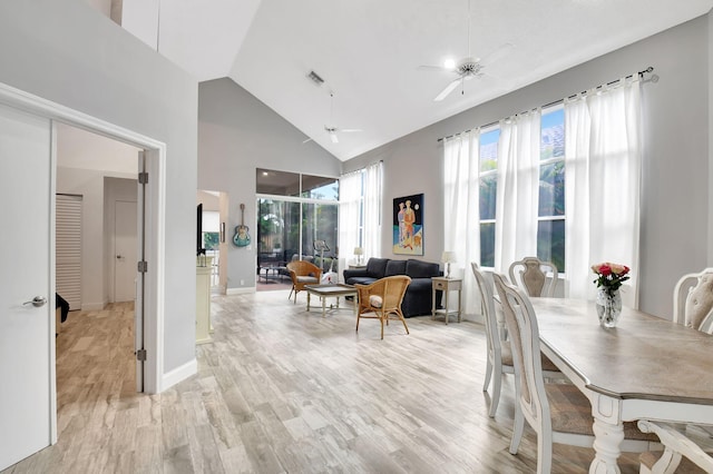 dining room featuring light hardwood / wood-style floors, high vaulted ceiling, and ceiling fan