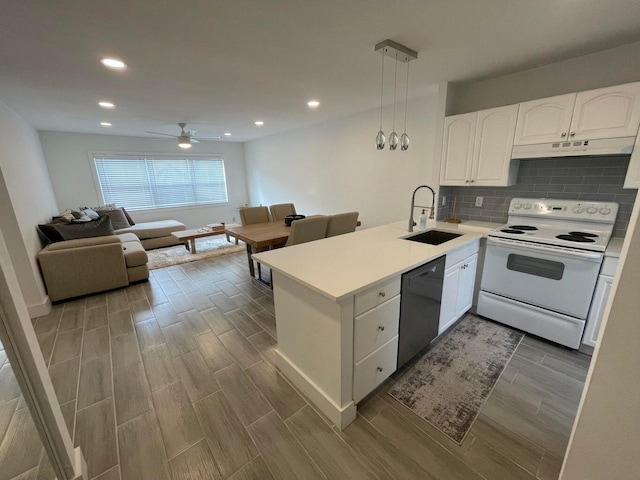 kitchen featuring white range with electric cooktop, white cabinets, sink, black dishwasher, and decorative light fixtures