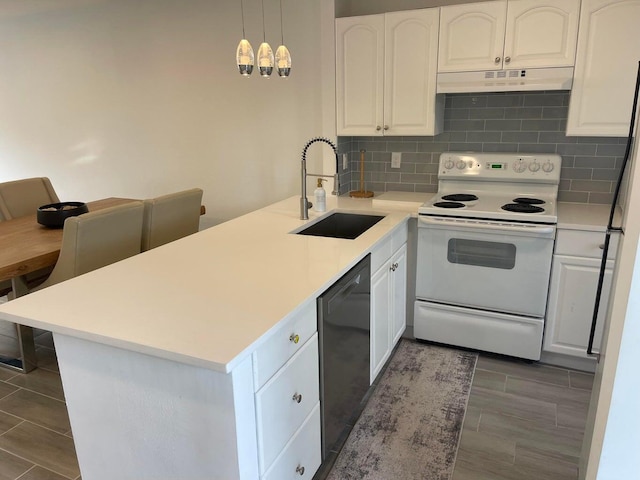 kitchen featuring white electric range oven, black dishwasher, decorative light fixtures, and white cabinets