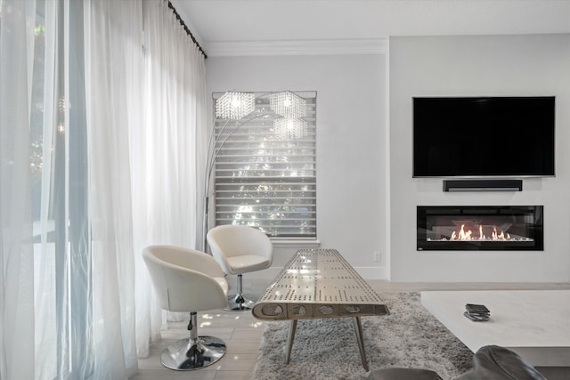 tiled living room with crown molding