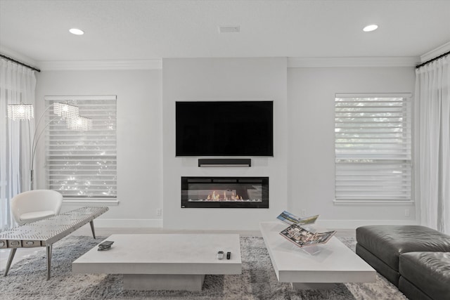 living room with crown molding