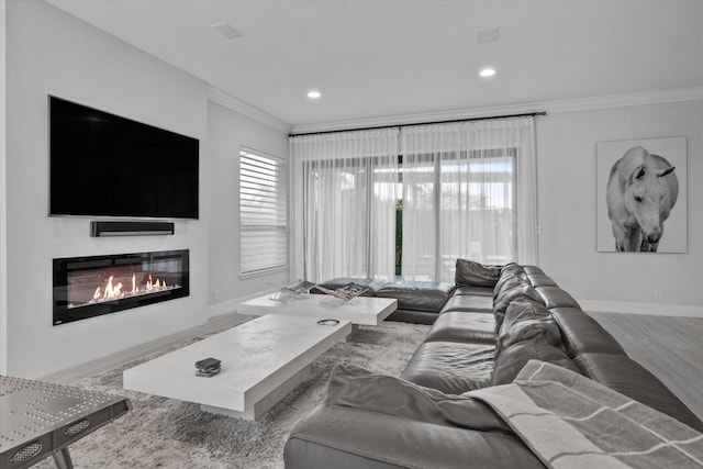 living room featuring hardwood / wood-style floors and ornamental molding