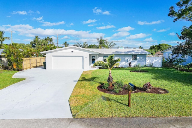 ranch-style house featuring a garage and a front lawn