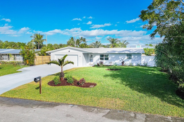 single story home featuring concrete driveway, fence, a front lawn, and an attached garage