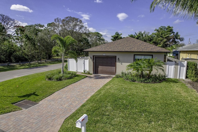 view of front of property with a garage and a front lawn