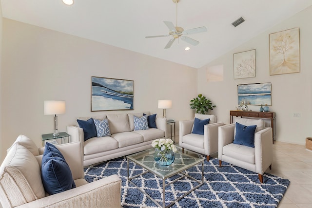 tiled living room with ceiling fan and lofted ceiling