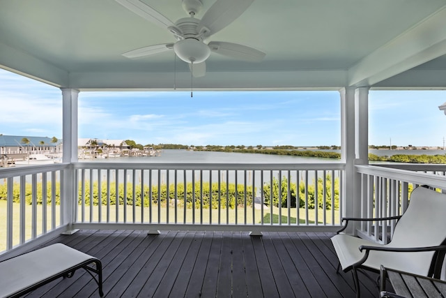 wooden terrace with ceiling fan and a water view