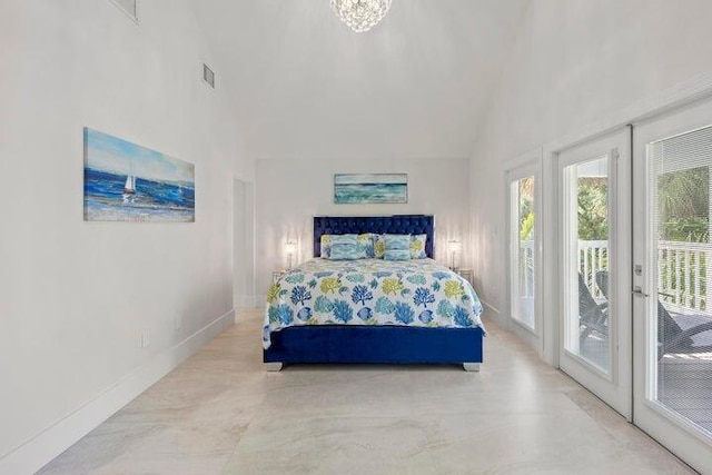 bedroom featuring high vaulted ceiling and access to outside