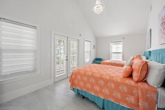 bedroom with high vaulted ceiling, access to exterior, a notable chandelier, and french doors